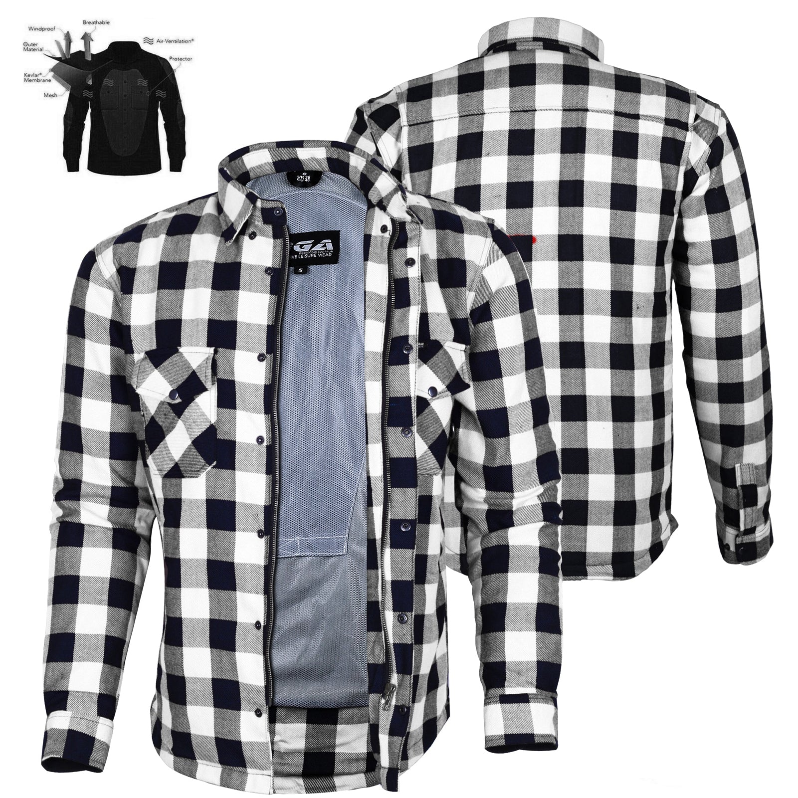 Bikers Gear Australia Exo Protective Motorcycle Flannel Lined with Kevlar Shirts White/Black