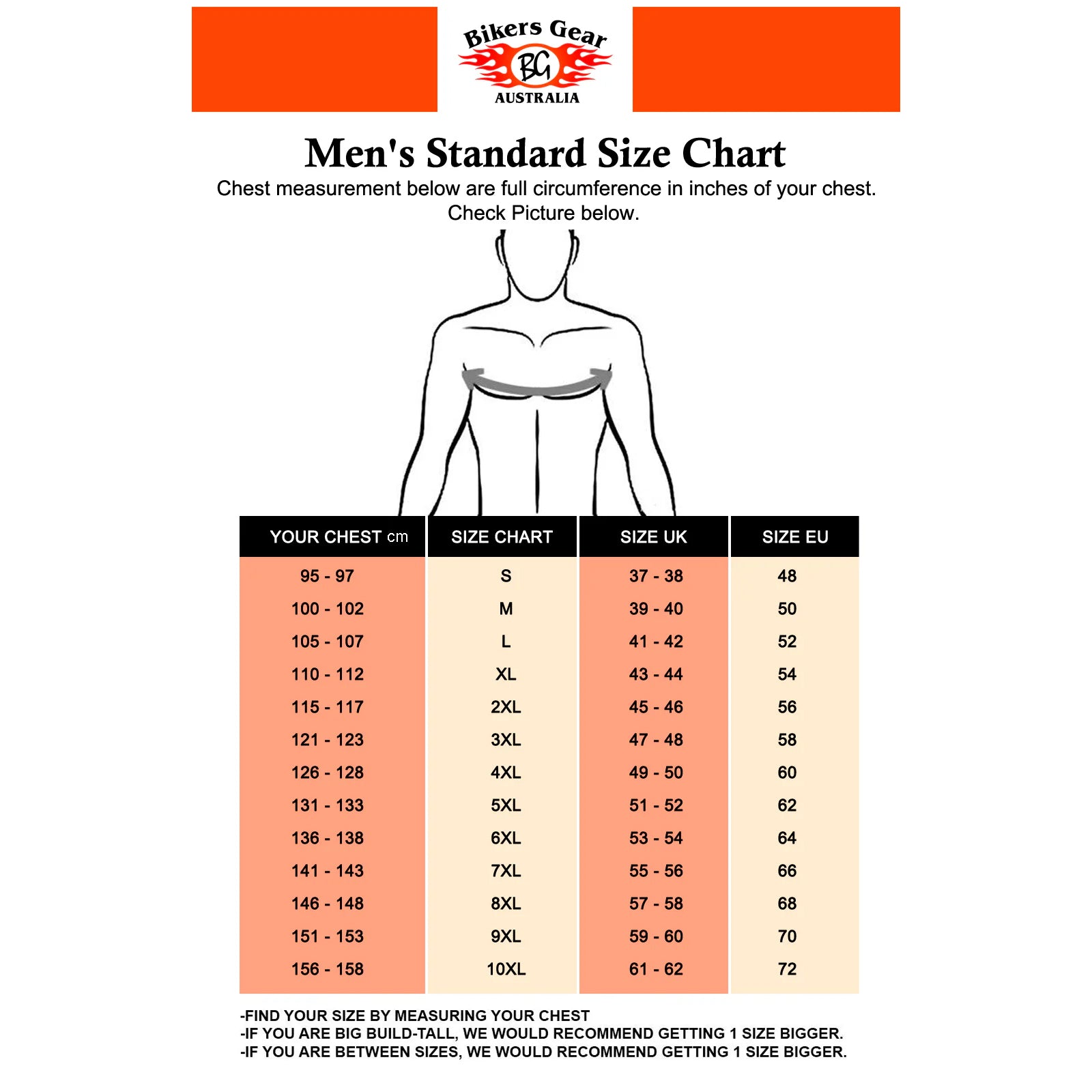 Bikers Gear Australia The Apex Soft Shell Motorcycle Lined with Kevlar Hoodie Size Chart