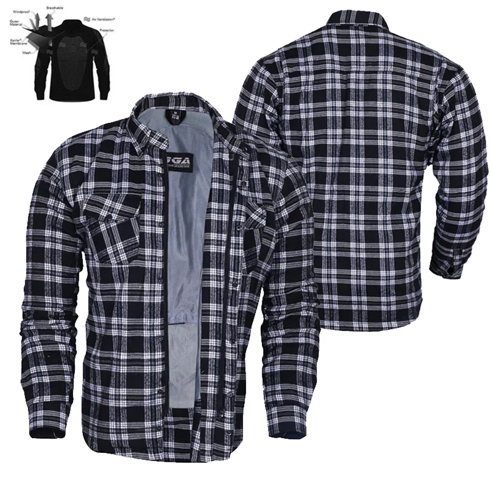3001 Bikers Gear Australia Exo Protective Lined with Kevlar Motorcycle Flannel Shirts Black/White