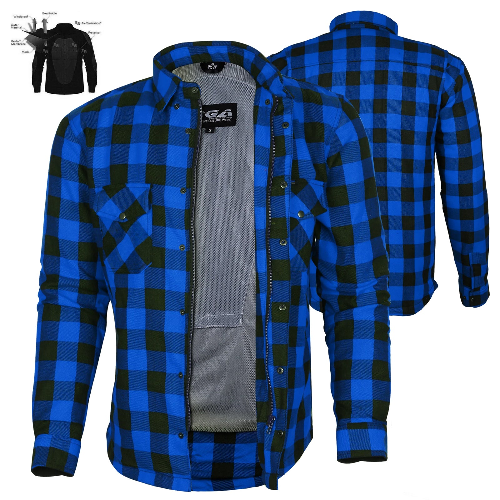 Bikers Gear Australia Exo Protective Motorcycle Lined with Kevlar Flannel Shirts Blue/Black