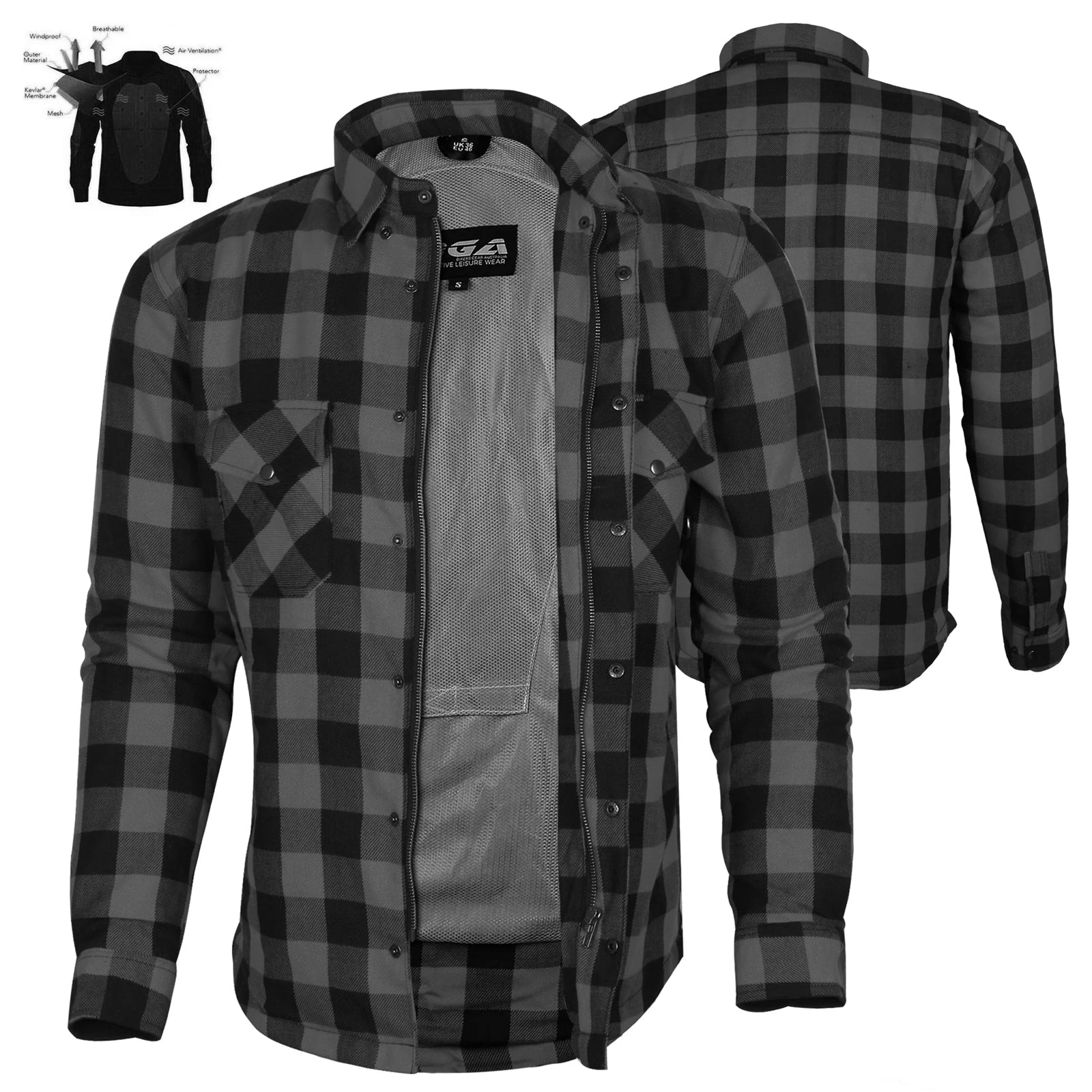 Bikers Gear Australia Exo Protective Motorcycle Flannel Lined with Kevlar Shirts Grey
