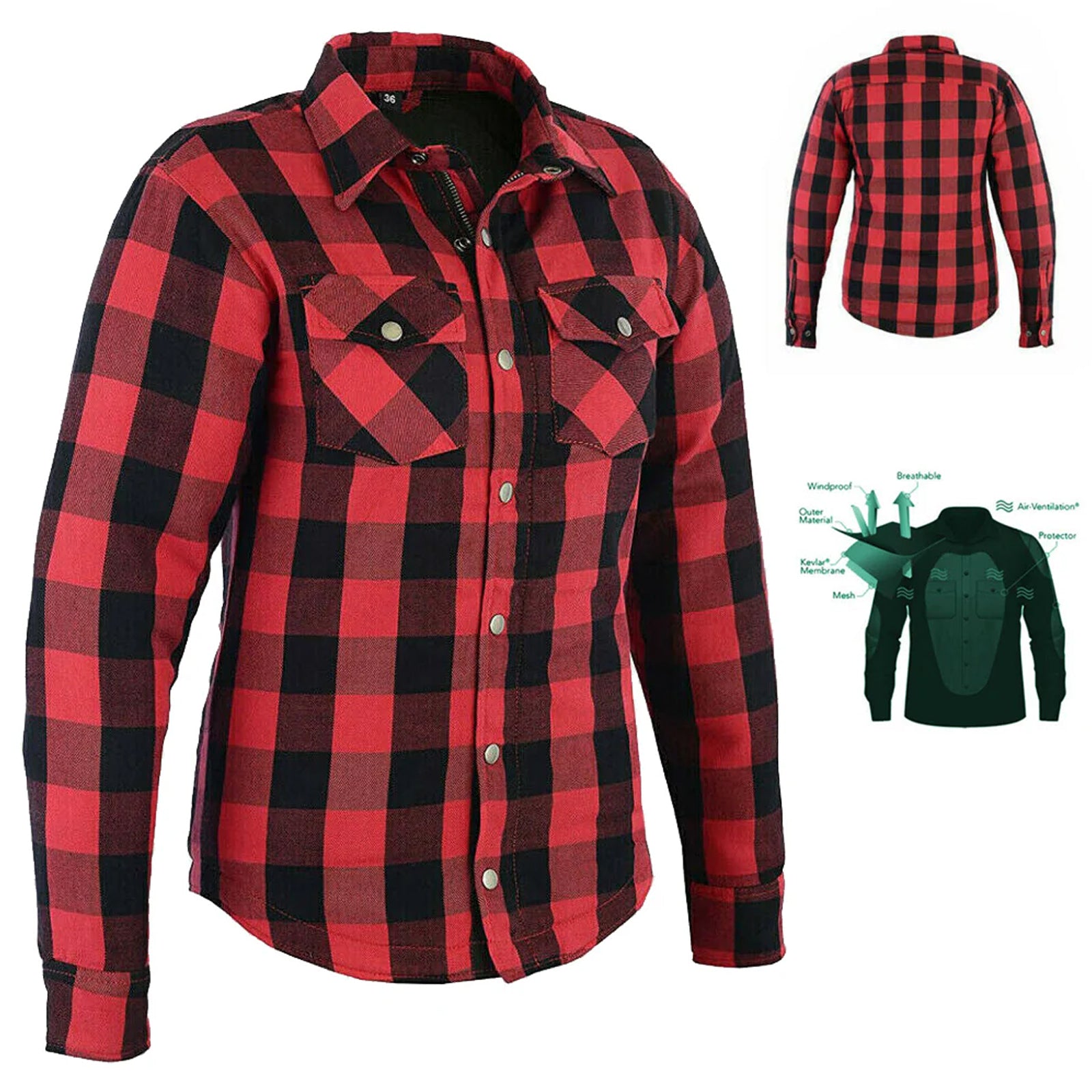 Bikers Gear Australia Brat Ladies Motorcycle Flannel Lined with Kevlar Shirts Red/Black