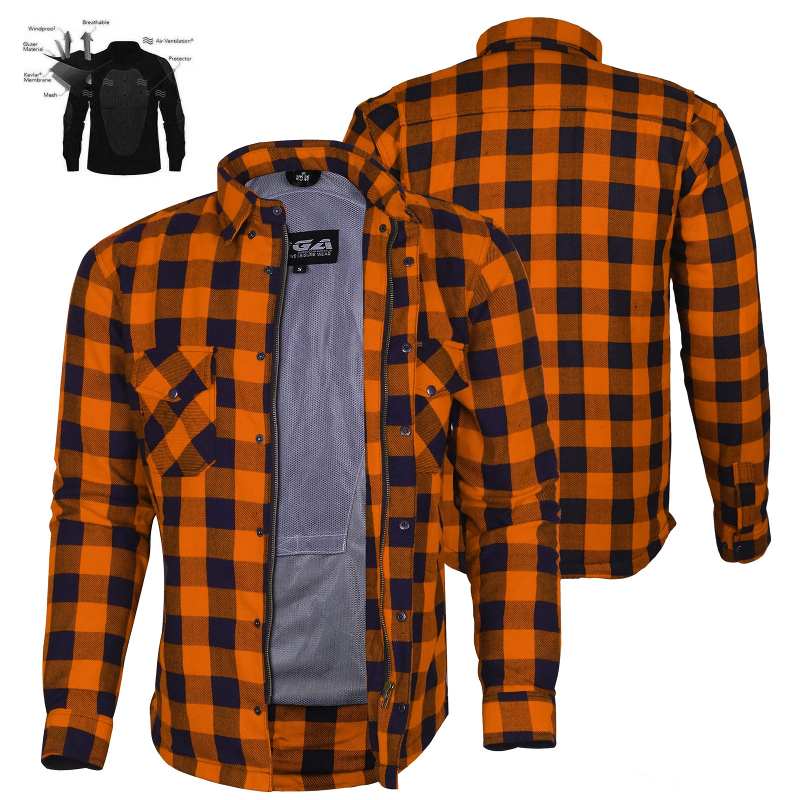 Bikers Gear Australia Exo Protective Motorcycle Flannel Lined with Kevlar Shirts Orange/Black