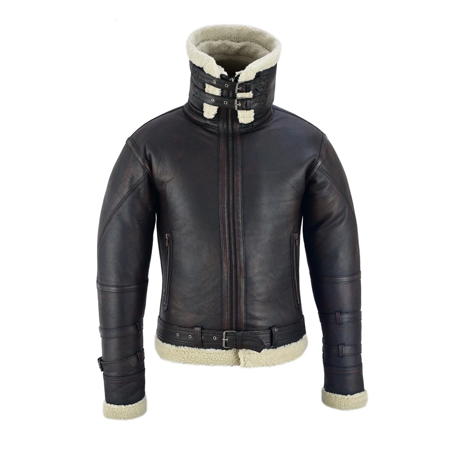 Bikers Gear Australia Men’s Aviator Bomber Jacket Sheepskin Leather with Double Fur Collar