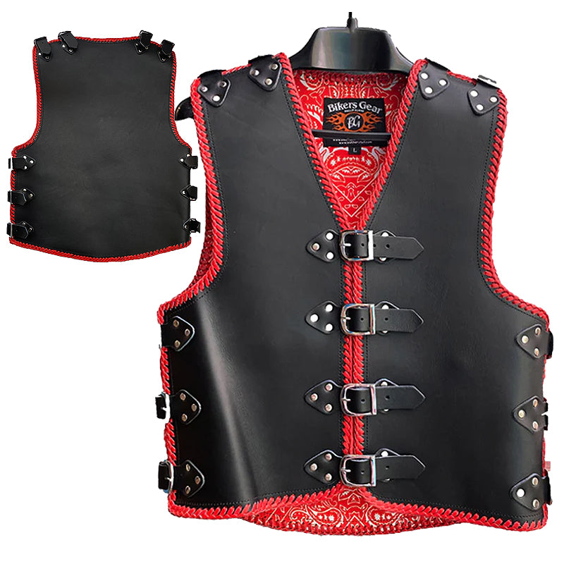 Bikers Gear Australia Atlas 3-4mm HD Leather Motorcycle Braided Club Vest Red Paisley Liner