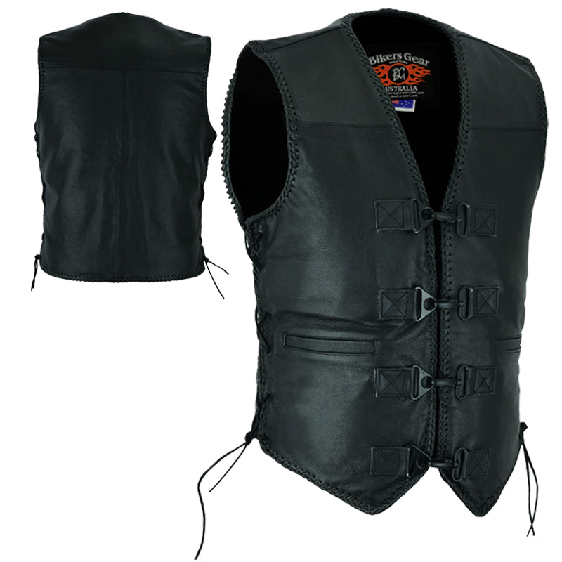 Bikers Gear Australia Mens Rider Leather Motorcycle Vest Black