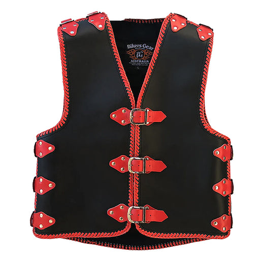 Bikers Gear Australia Hunt 3-4mm HD Leather Braided Motorcycle Club Vest Red Braiding & Buckles