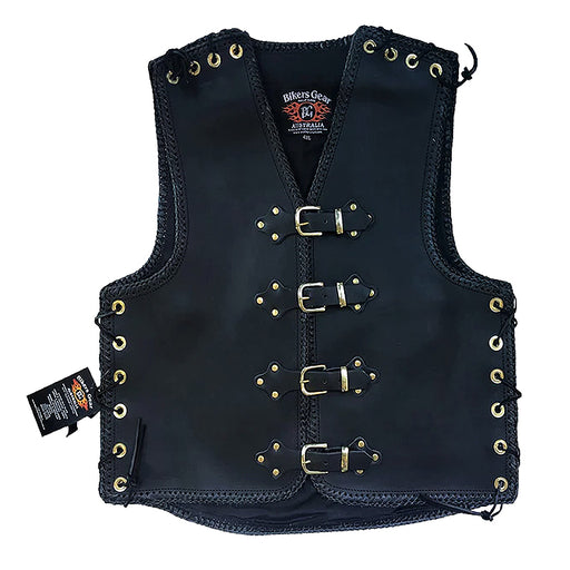 Bikers Gear Australia Voodoo 3-4mm HD 3-4mm Leather Motorcycle Club Vest Black Braid Brass Buckles