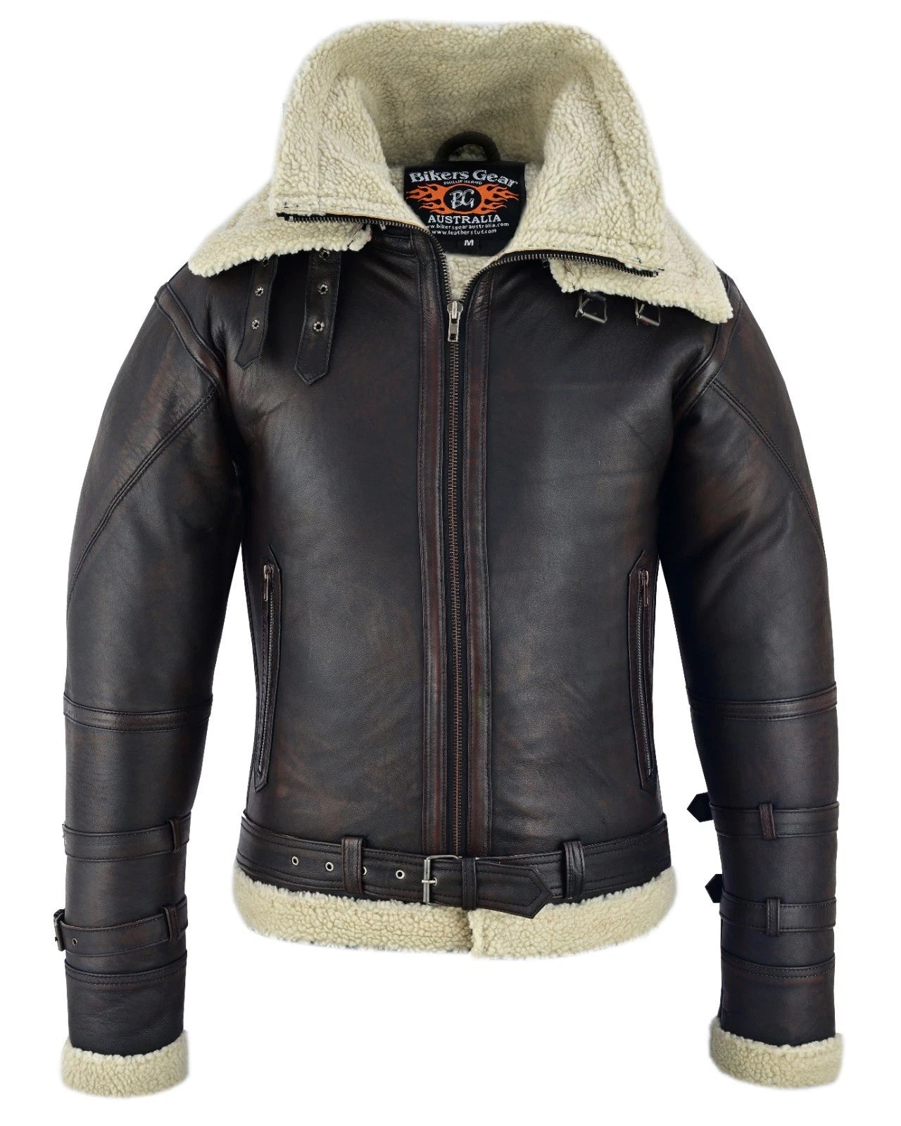 BGA Men’s Aviator Bomber Jacket Sheepskin Leather with Double Fur Collar