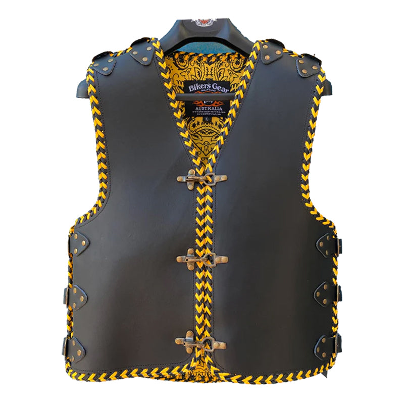 Bikers Gear Australia Atlas 3-4mm HD Leather Motorcycle Braided Club Vest Yellow Braiding