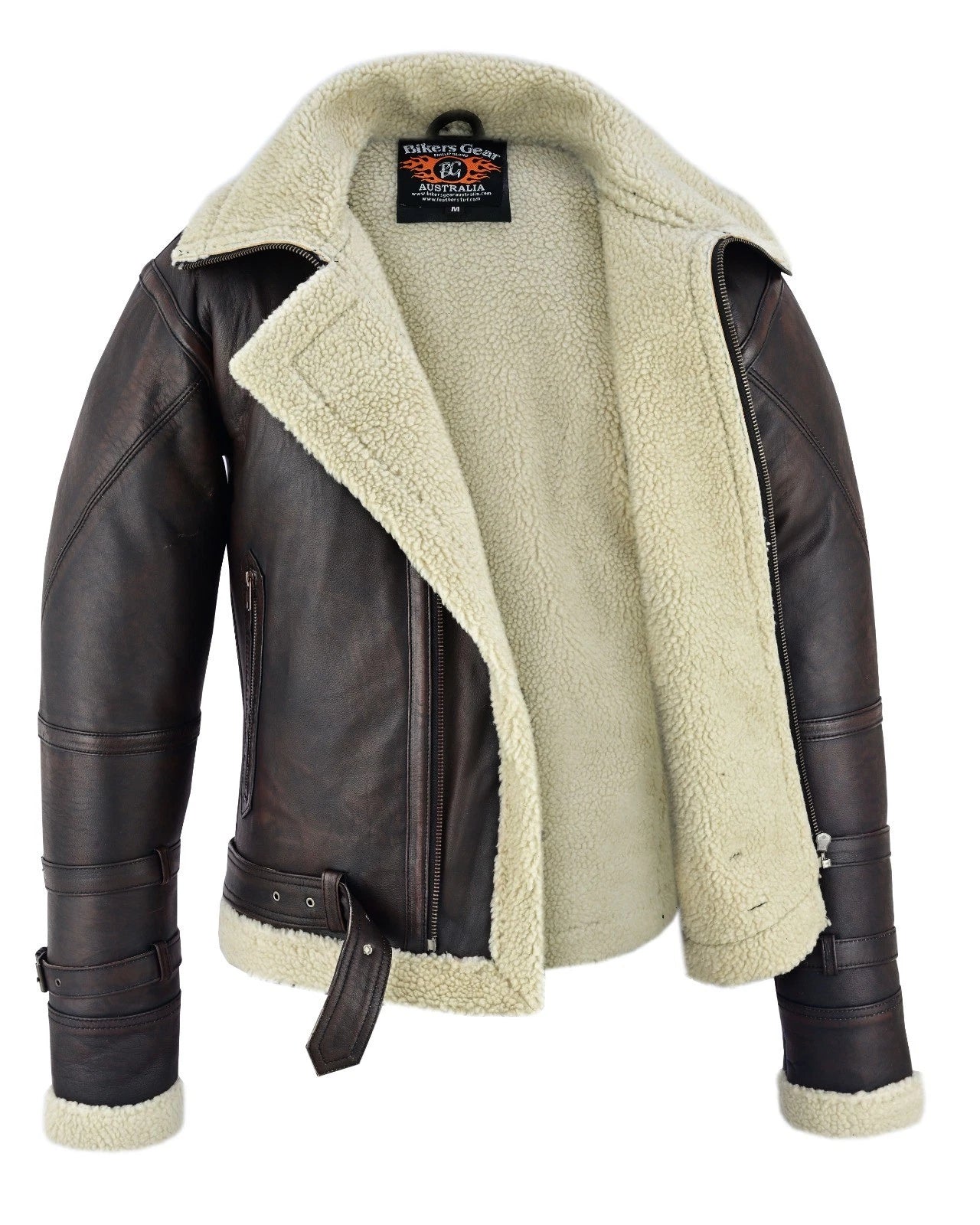 BGA Men’s Aviator Bomber Jacket Sheepskin Leather with Double Fur Collar