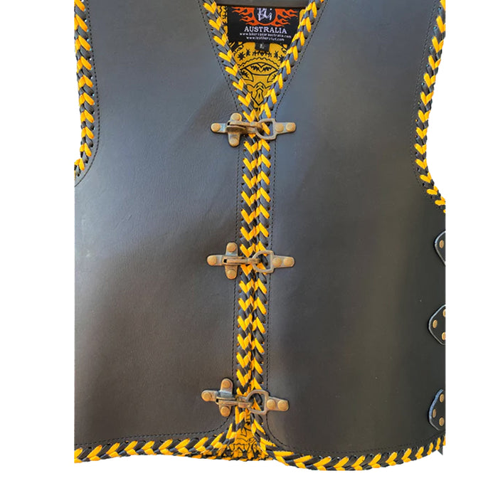 Bikers Gear Australia Atlas 3-4mm HD Leather Motorcycle Braided Club Vest Yellow Braiding