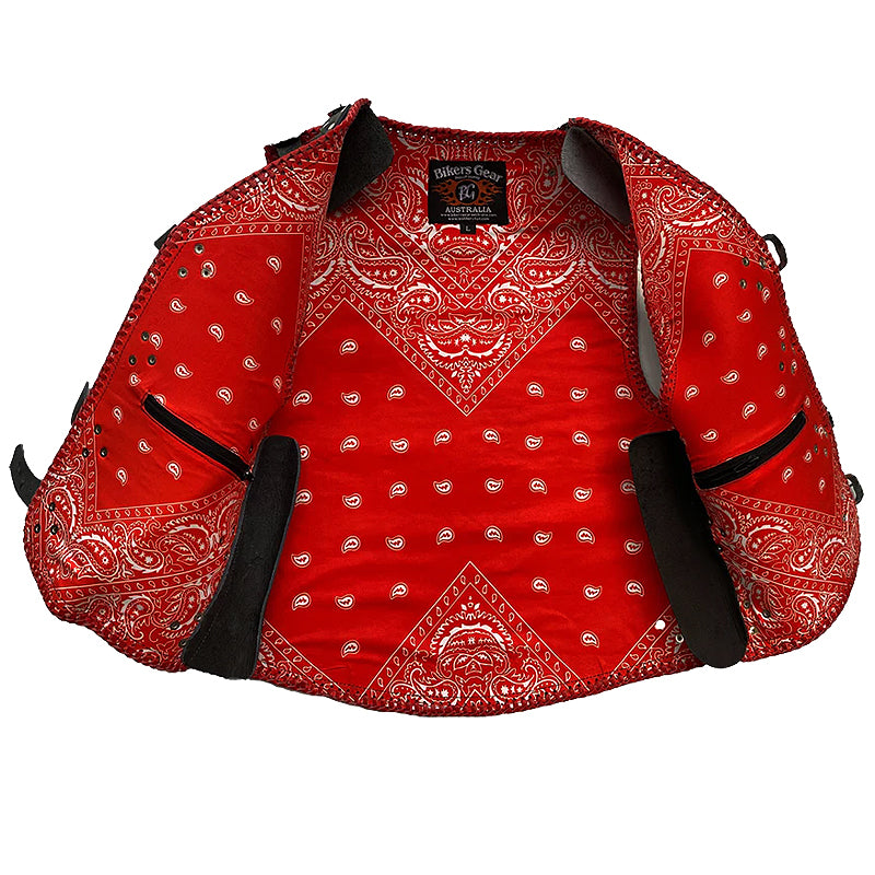 Bikers Gear Australia Atlas 3-4mm HD Leather Motorcycle Braided Club Vest Red Paisley Liner