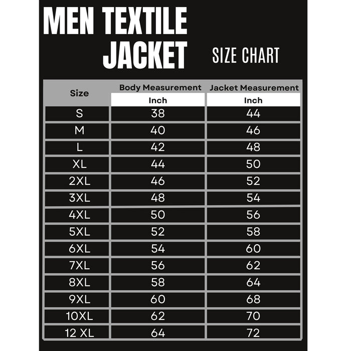 BGA Avalanche Wp Textile Jacket Black size chart
