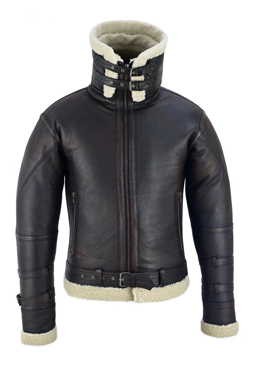 BGA Men’s Aviator Bomber Jacket Sheepskin Leather with Double Fur Collar