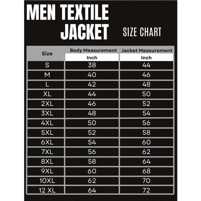 BGA Waterproof Textile 2pc Suit Black size chart