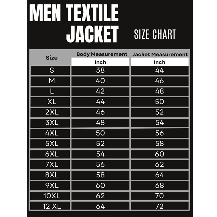BGA Cruze Wp Motorcycle Jackets Black size chart