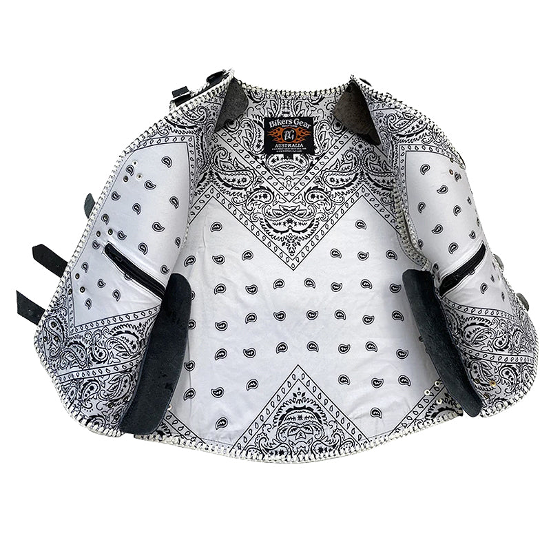 Bikers Gear Australia Atlas 3-4mm HD Leather Motorcycle Braided Club Vest White Paisley Liner