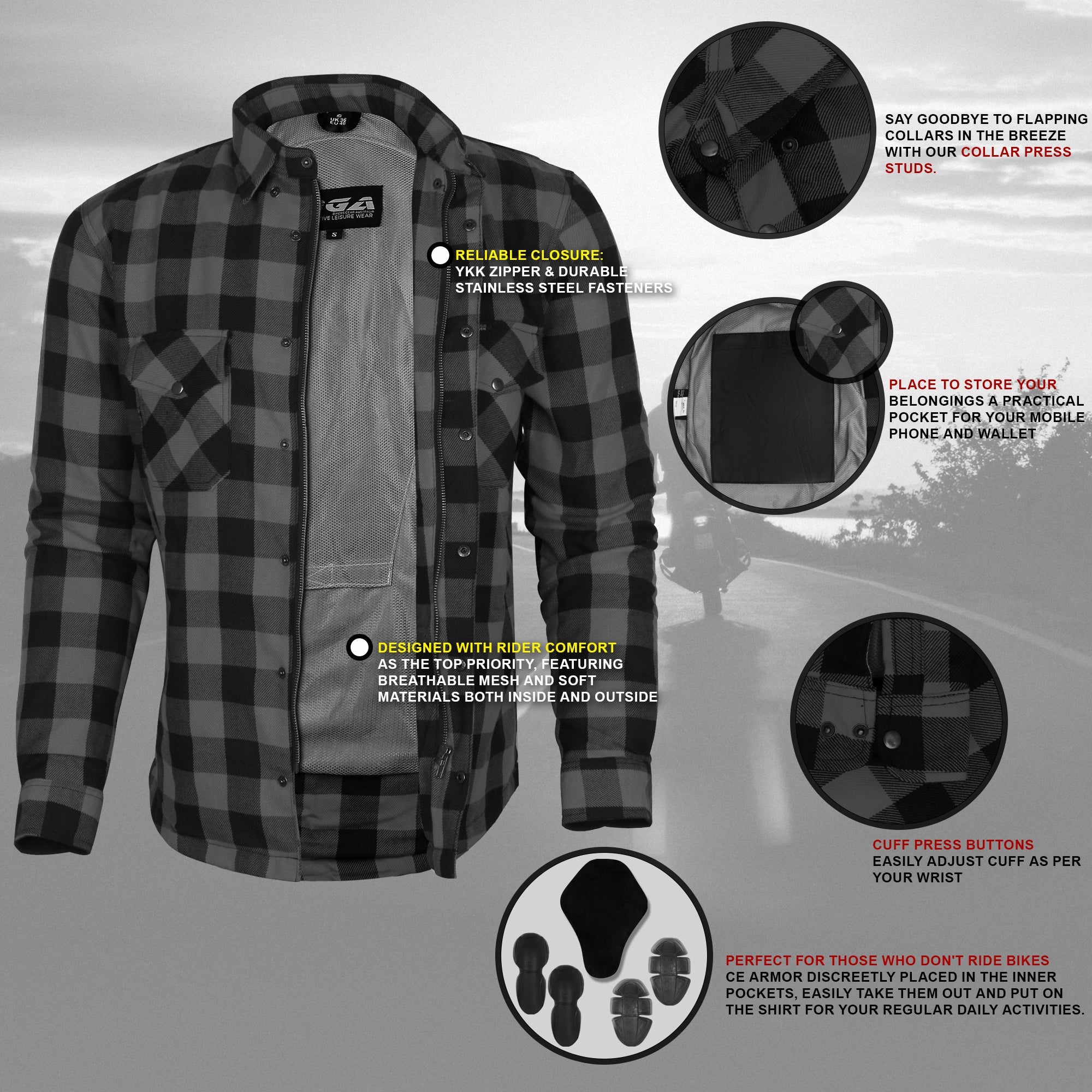 Bikers Gear Australia Exo Protective Motorcycle Flannel Shirts Grey - Premium Men Protective Shirts - Just £72.99! Shop now at Australian Bikers Gear