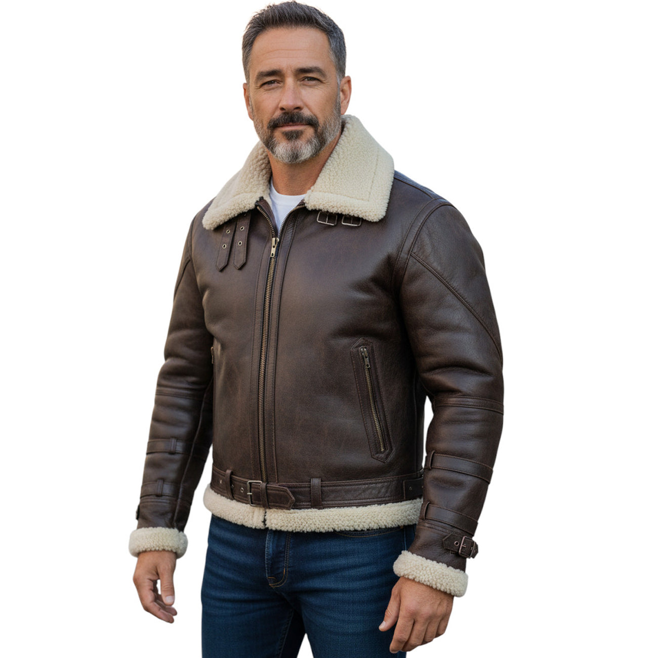 Bikers Gear Australia Men’s Aviator Bomber Jacket Sheepskin Leather with Double Fur Collar