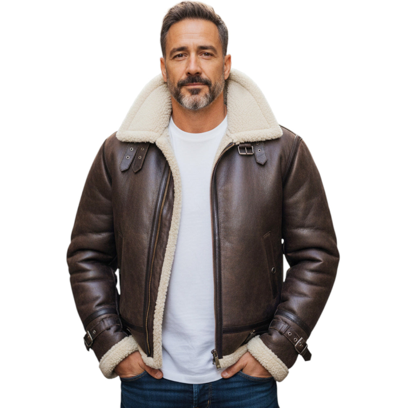 Bikers Gear Australia Men’s Aviator Bomber Jacket Sheepskin Leather with Double Fur Collar