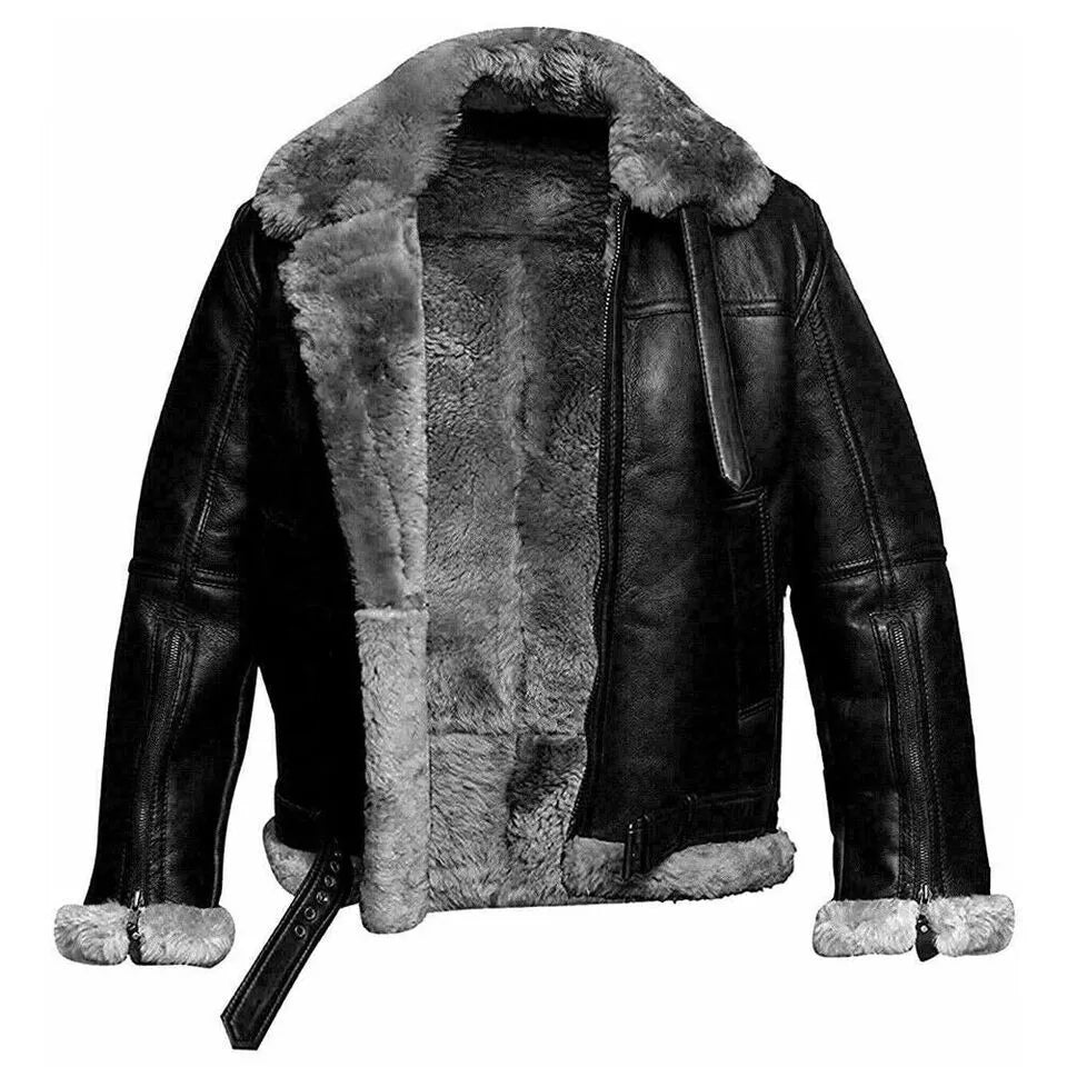 Bikers Gear Australia Aviator B3 Shearling Sheepskin Leather Bomber Jacket with Grey Fur